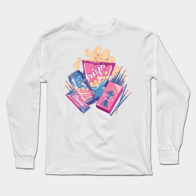 My delecious snack riends: crisps, soda drinks and some sweet chocolate (pink background) Long Sleeve T-Shirt by AnGo